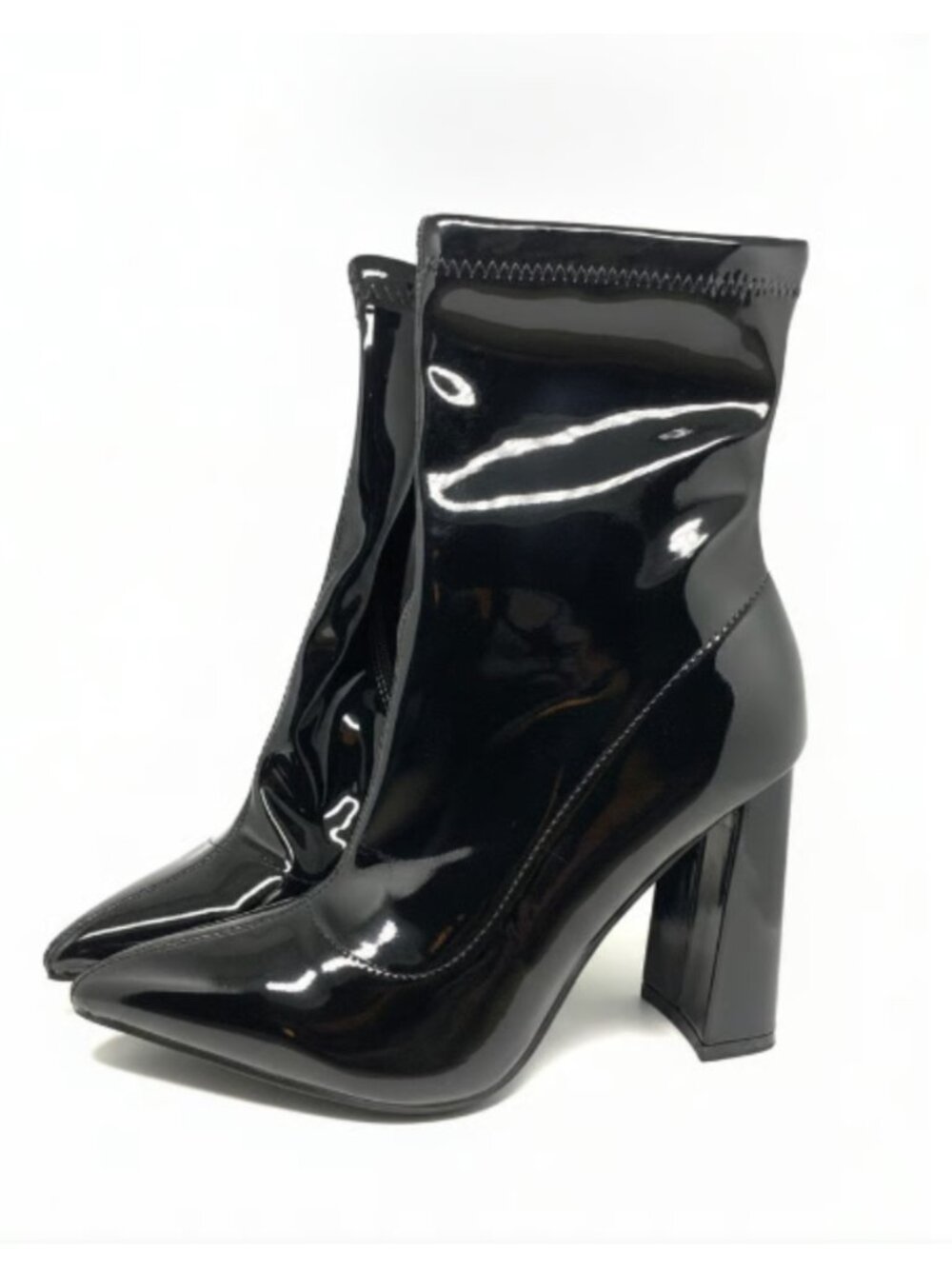 Bamboo Women's Black Faux Patent Leather Ankle Boots with Block Heel NWT
